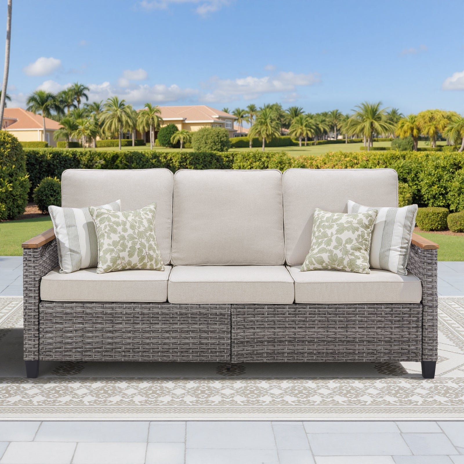 69.7" Wide Outdoor Wicker Patio Sofa, Deep Seating Outdoor Couch with Cushions for Porch Garden, Beige