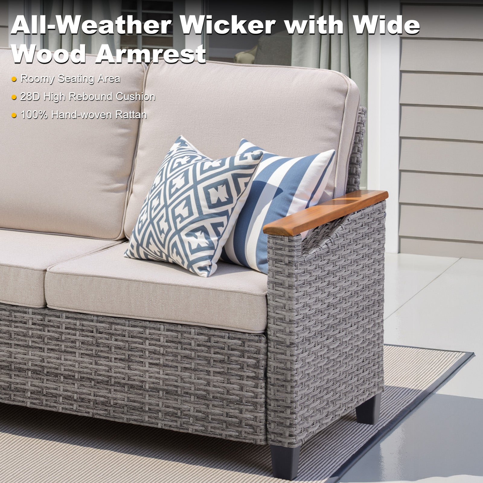 69.7" Wide Outdoor Wicker Patio Sofa, Deep Seating Outdoor Couch with Cushions for Porch Garden, Beige
