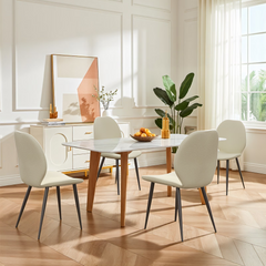 White Leather Dining Chair with Metal Legs, Shell Shape Upholstered Chair Set of 6 for Kitchen, Restaurant, Living, Meeting Room