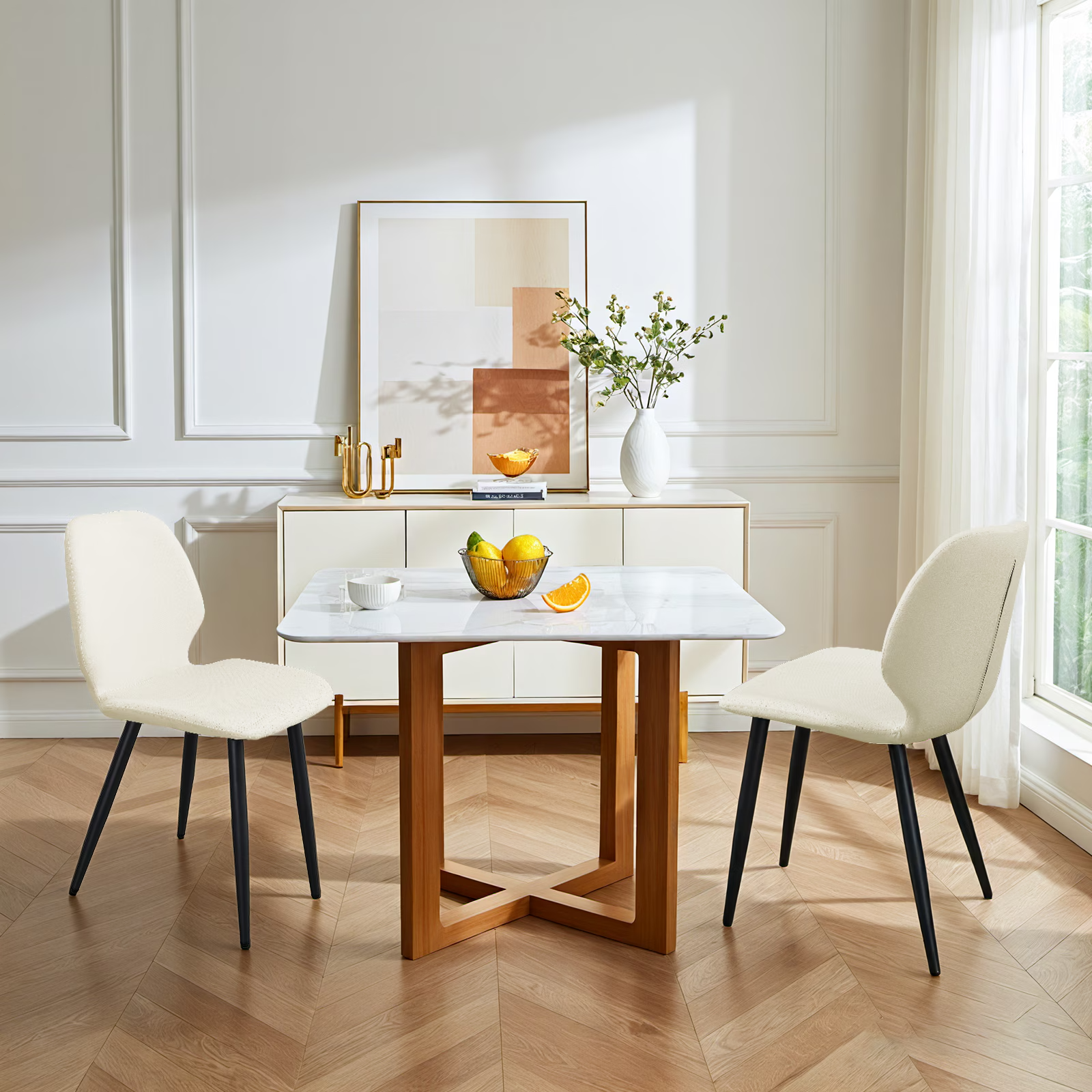 White Leather Dining Chair with Metal Legs, Shell Shape Upholstered Chair Set of 6 for Kitchen, Restaurant, Living, Meeting Room