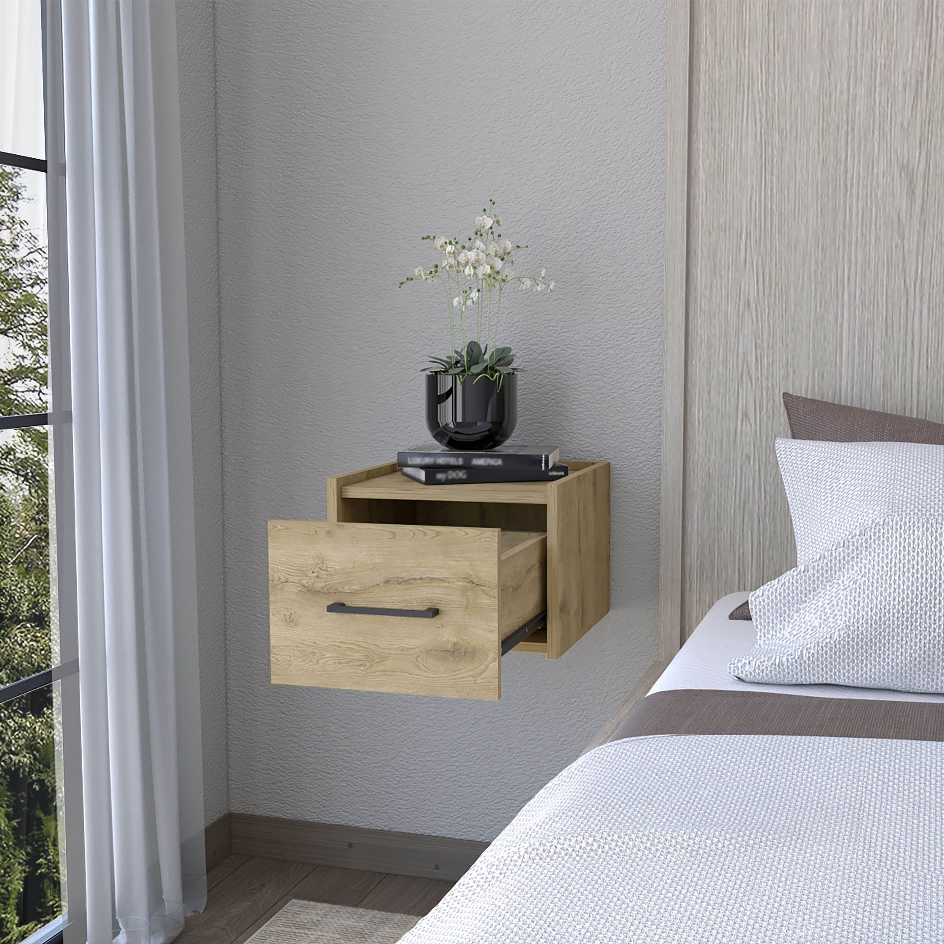 Elfrida Wall-Mounted Nightstand, Sleek Single-Drawer Design with Spacious Top Shelf
