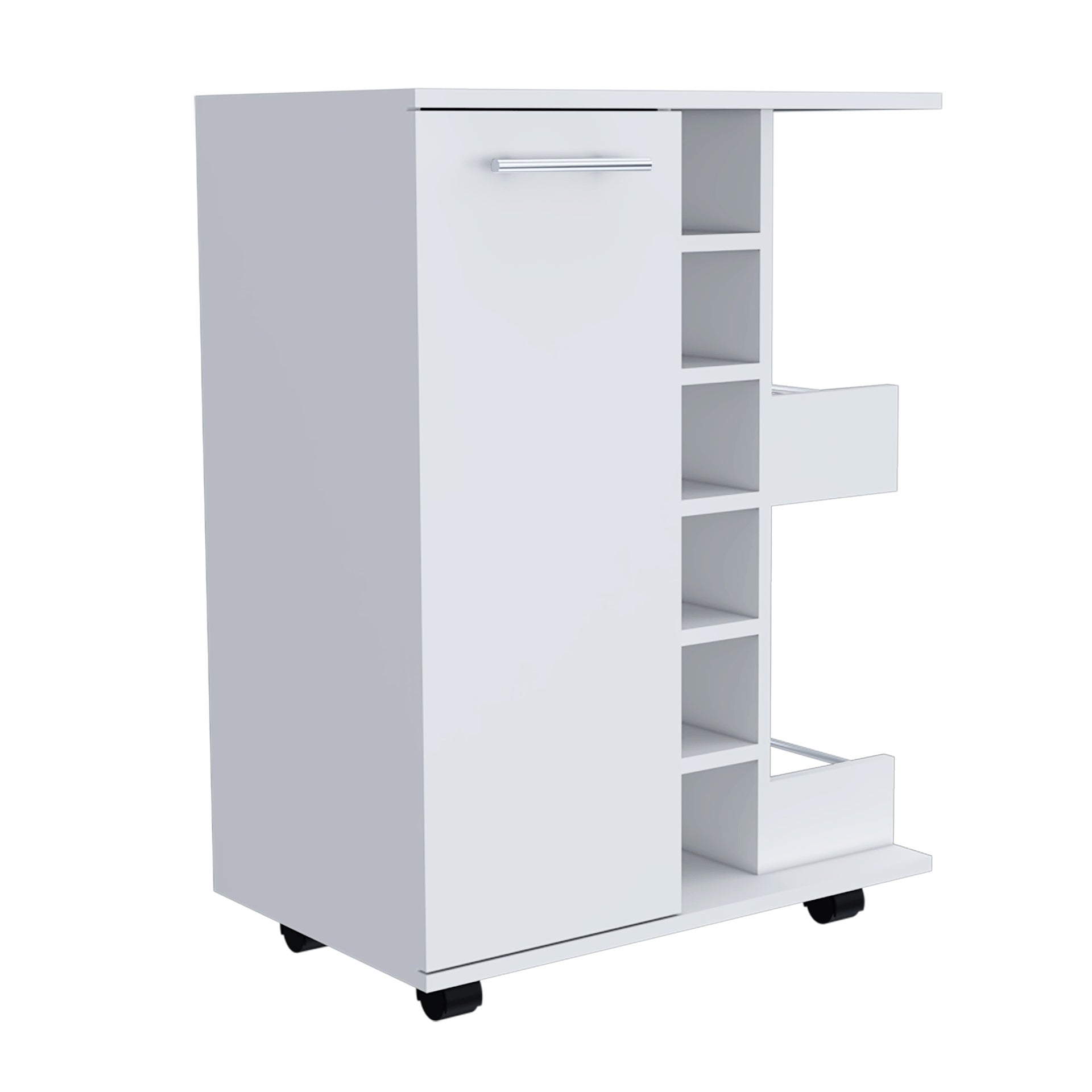 Tennessee Bar Cart, One Cabinet With Division, Six Cubbies For Liquor, Two Shelves