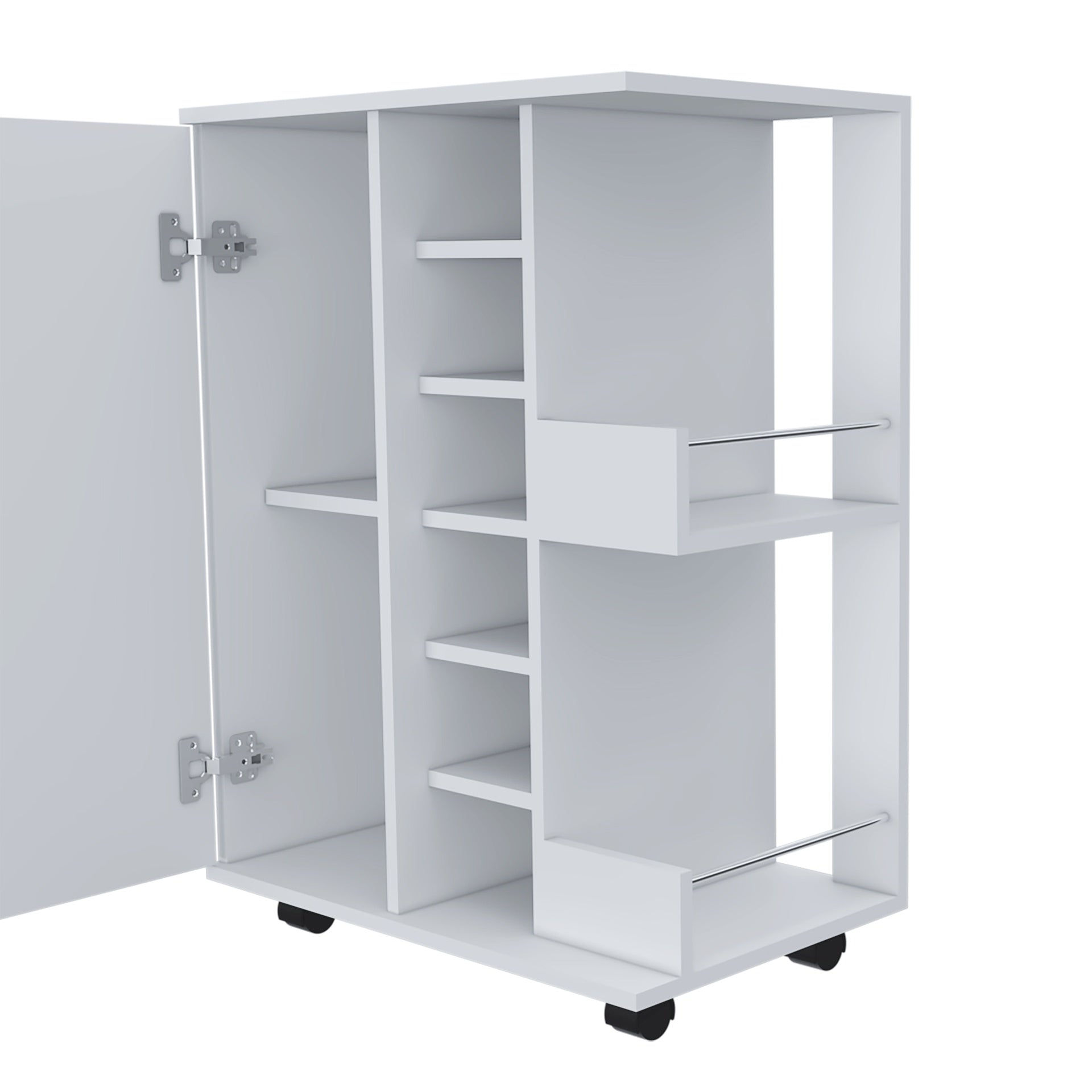 Tennessee Bar Cart, One Cabinet With Division, Six Cubbies For Liquor, Two Shelves