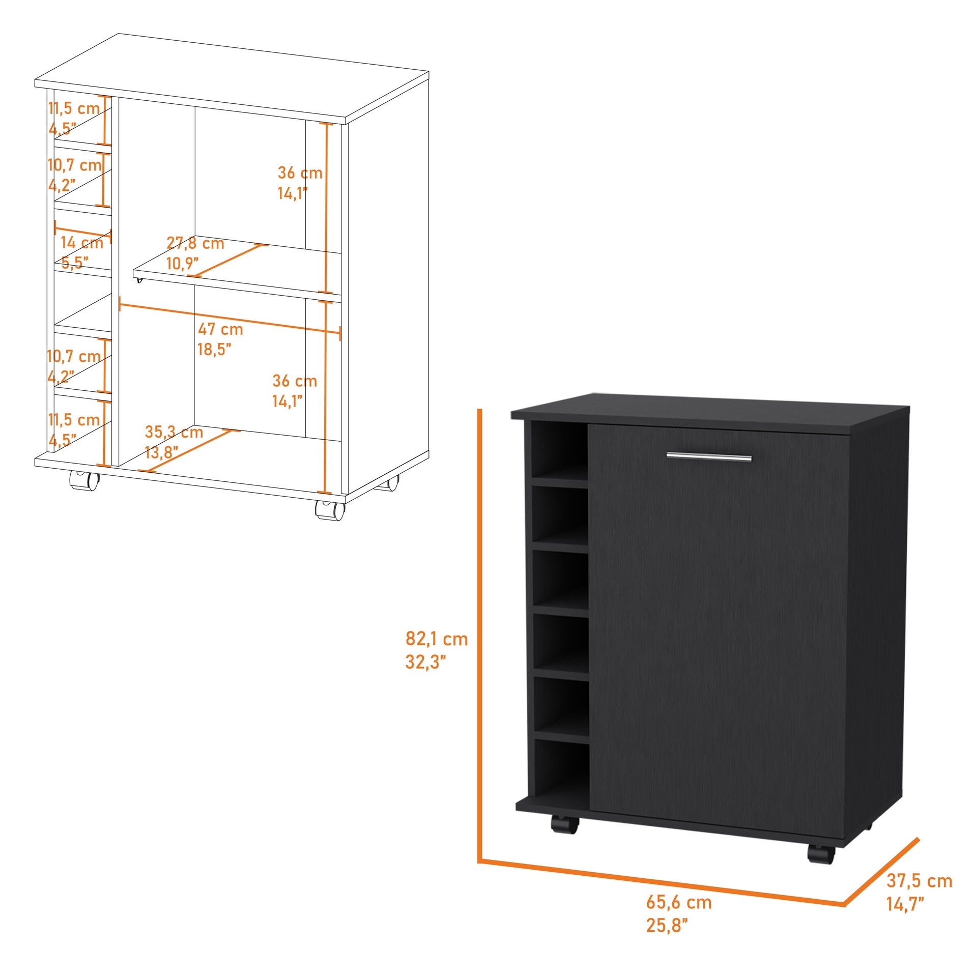 Rawlins Bar Cart with 6-Bottle Rack, Storage Cabine and Mobile Caster Wheels