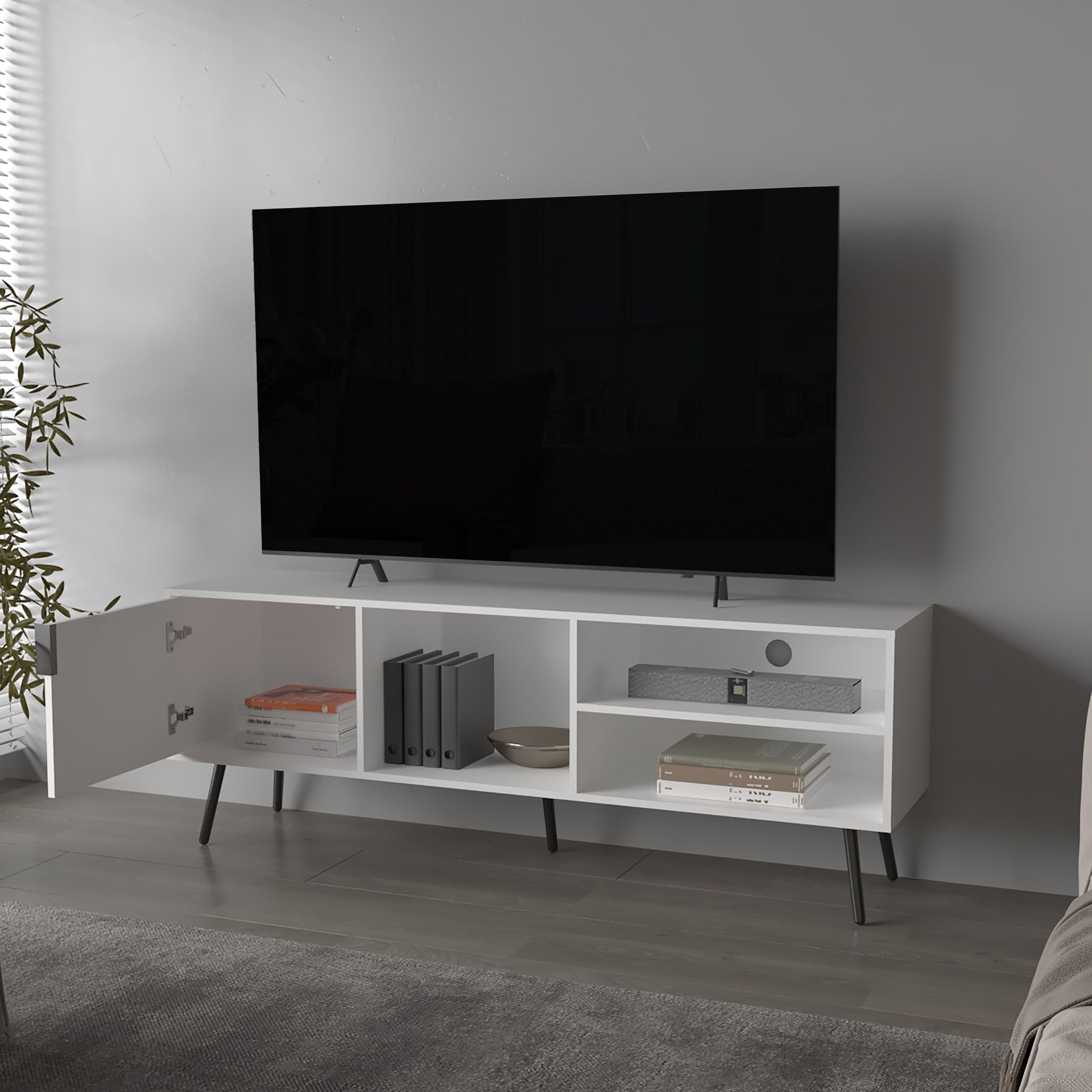 Mescal Tv Stand Multistorage with a Door and Open Storage, White