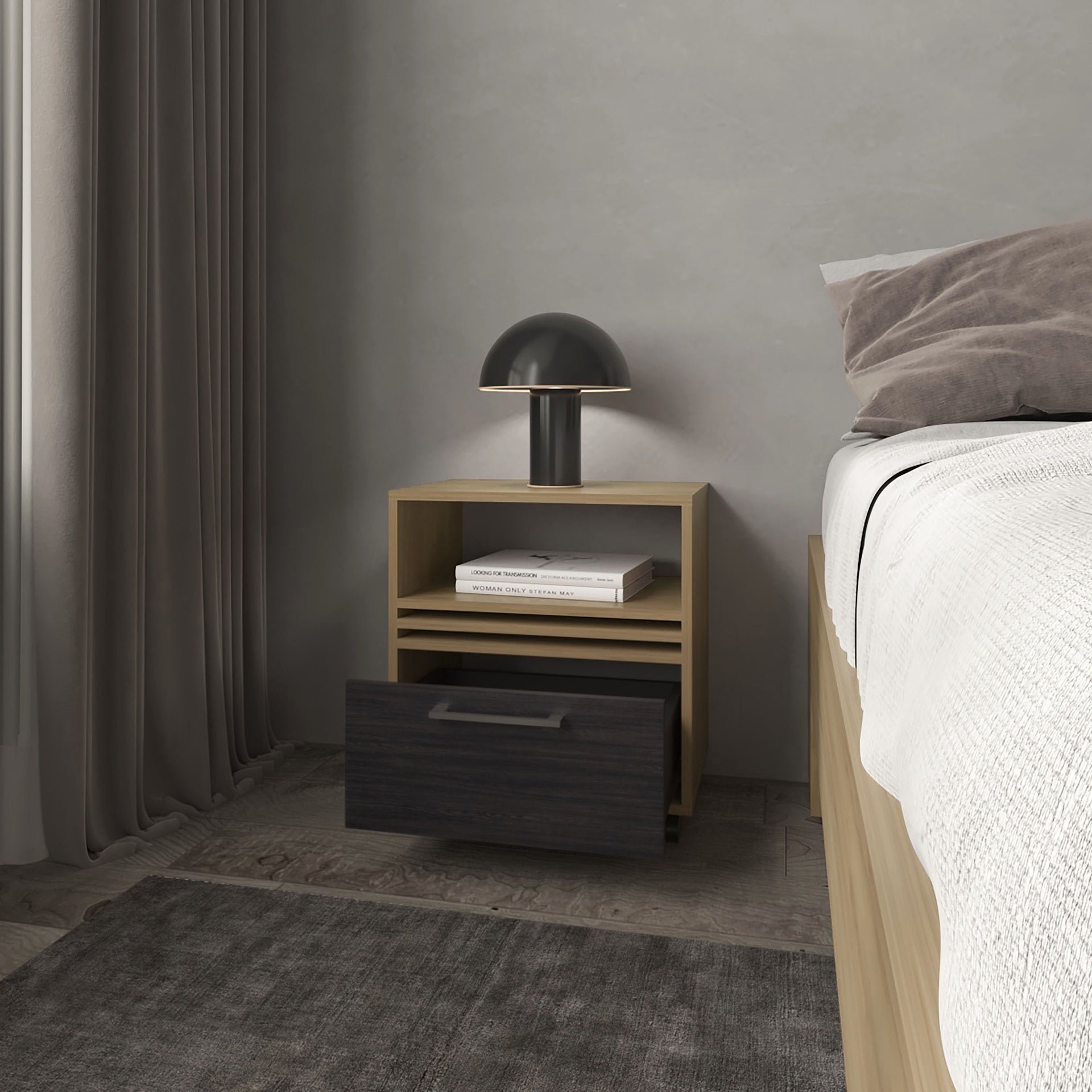 Saxon Nightstand with a Drawer and Open Storage, Natural Oak