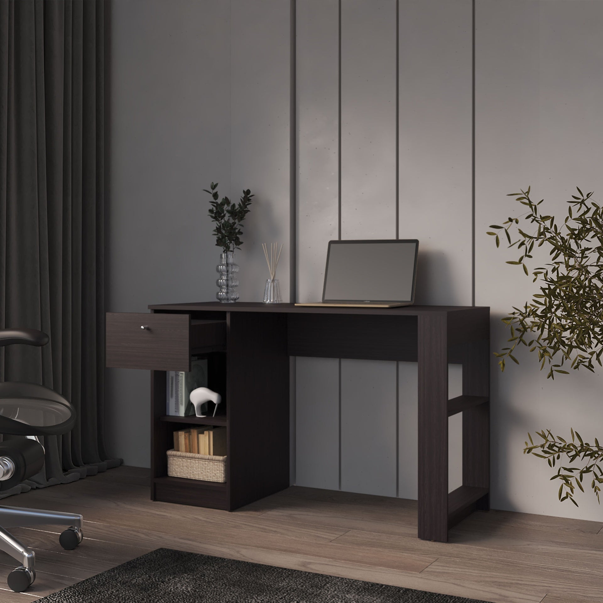 Sun City Computer Desk with a Drawer and Open Storage, Wengue