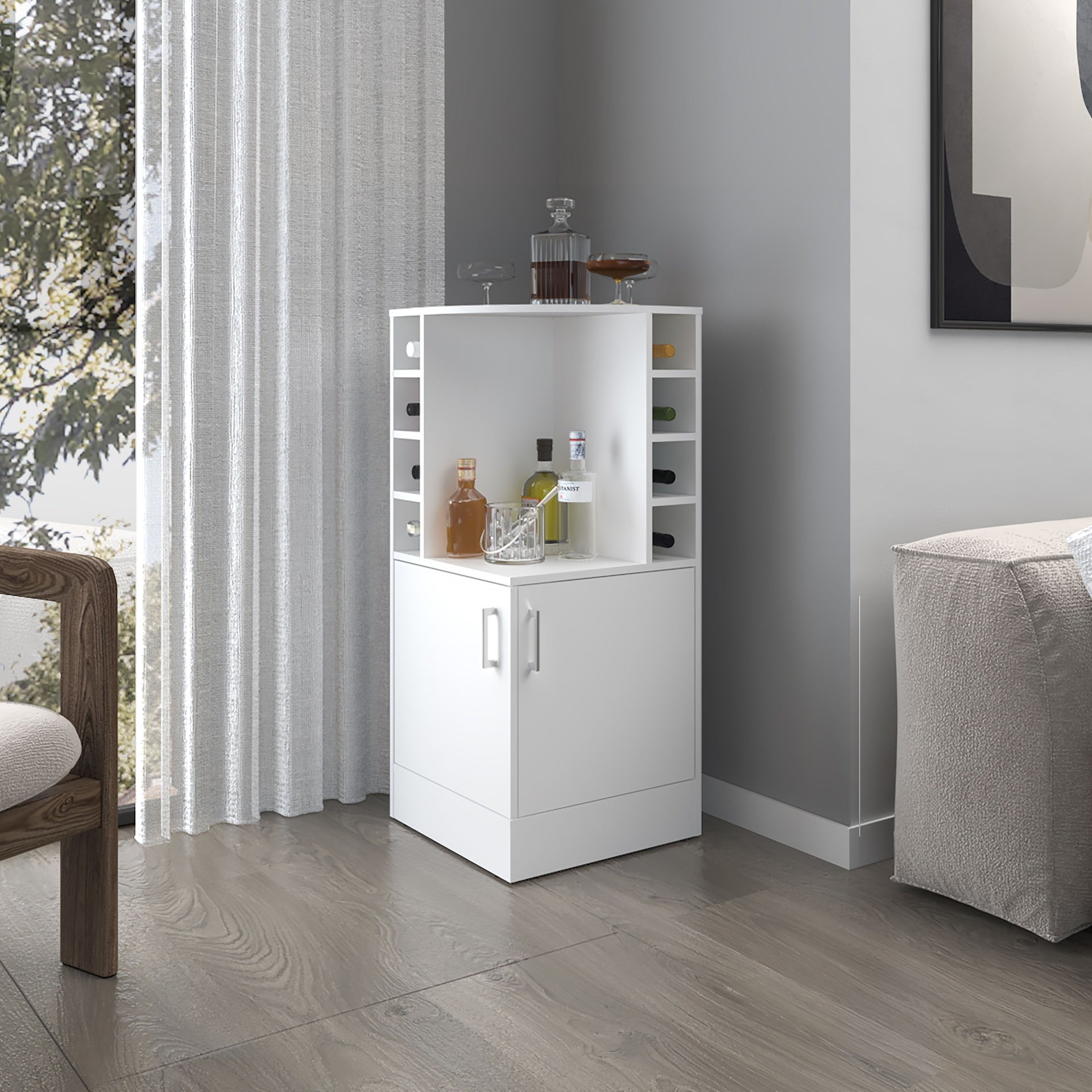 FM FURNITURE Toyei Corner Bar Cabinet with Bottle Rack, Open Shelves, and Hidden Storage, White