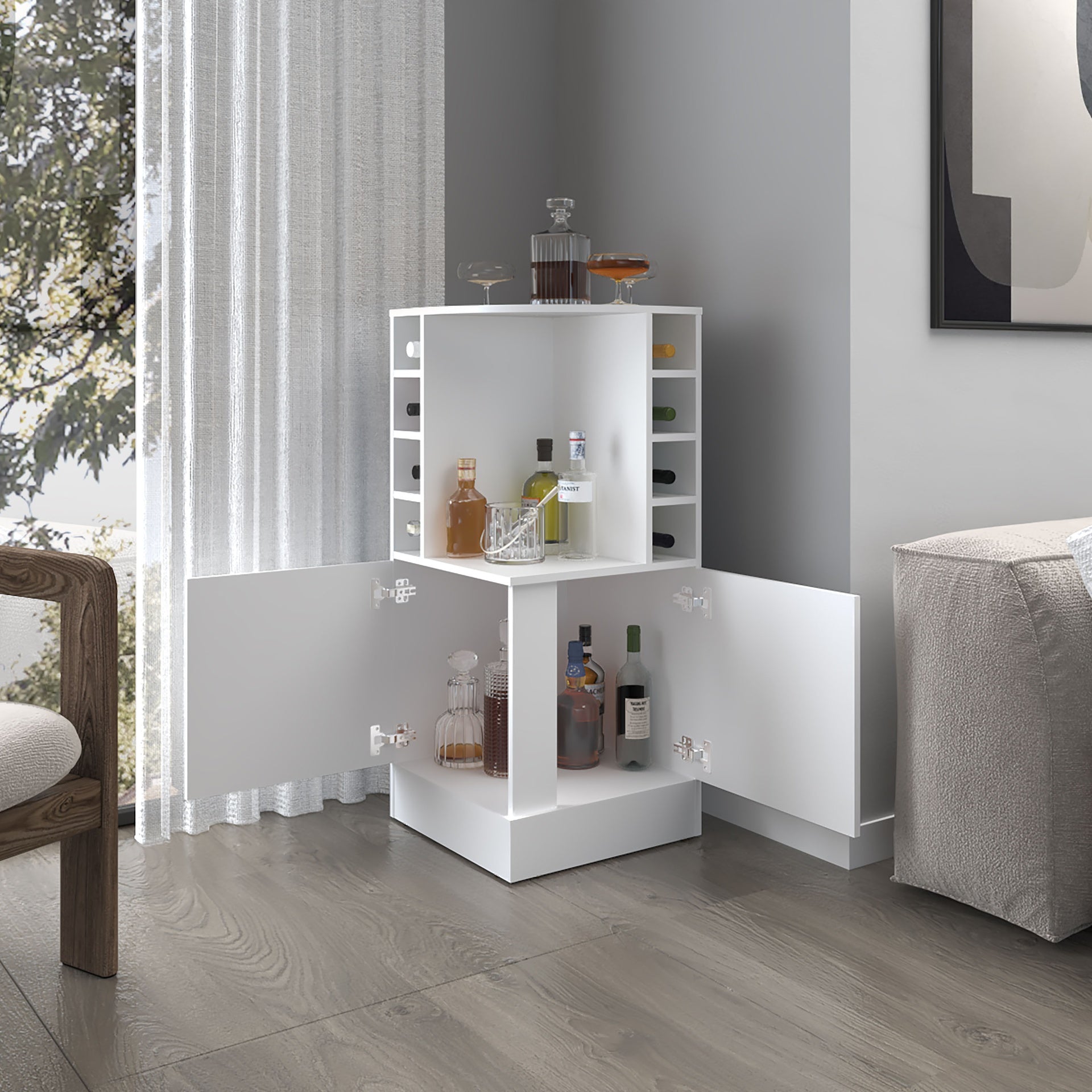 FM FURNITURE Toyei Corner Bar Cabinet with Bottle Rack, Open Shelves, and Hidden Storage, White
