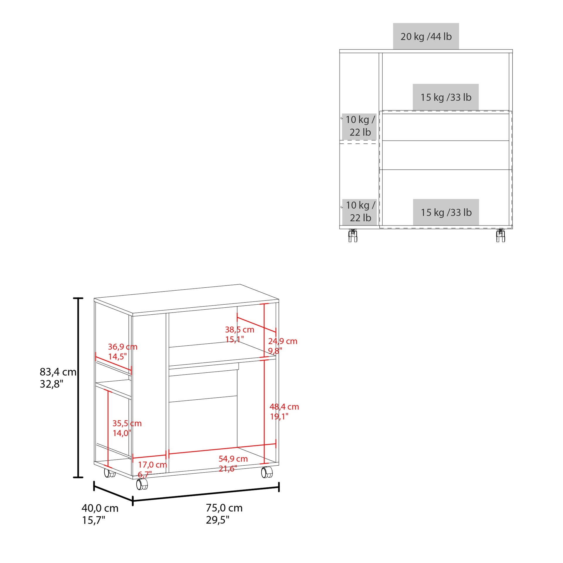 FM FURNITURE Linden Kitchen Cart with Microwave Shelf. Open Storage. and Two-Door Cabinet. White