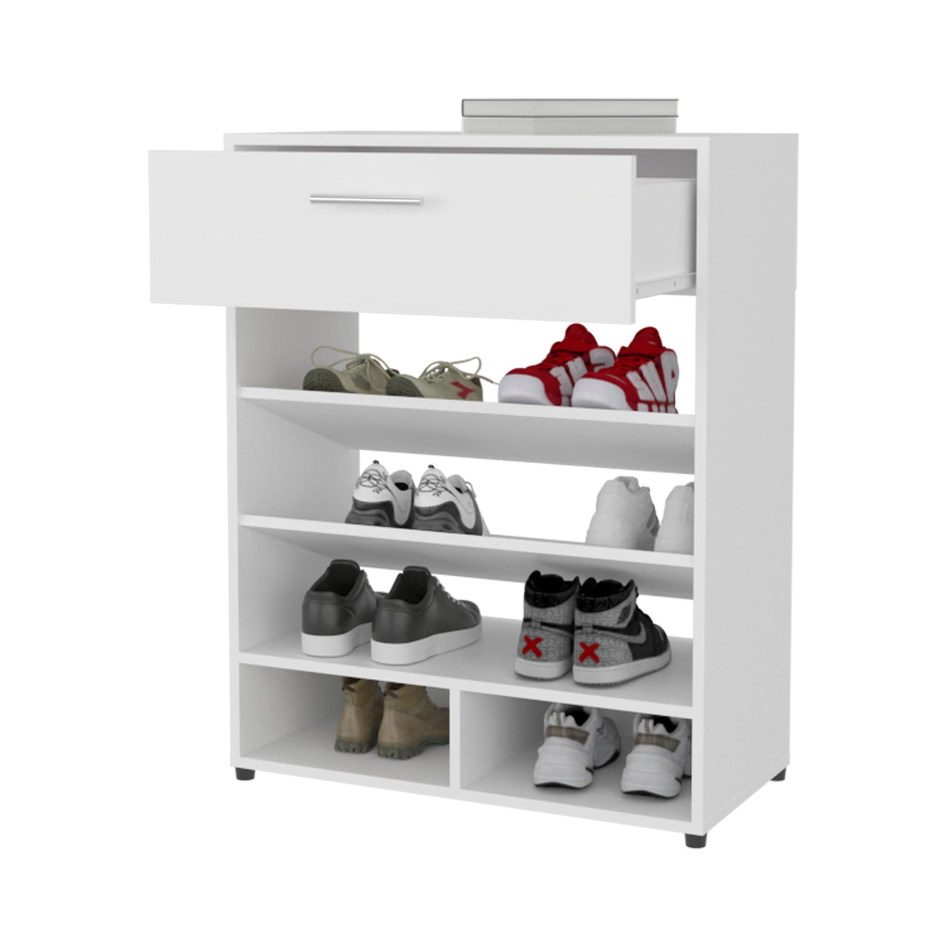 FM FURNITURE Onawa Modern Shoe Rack with Drawer, White
