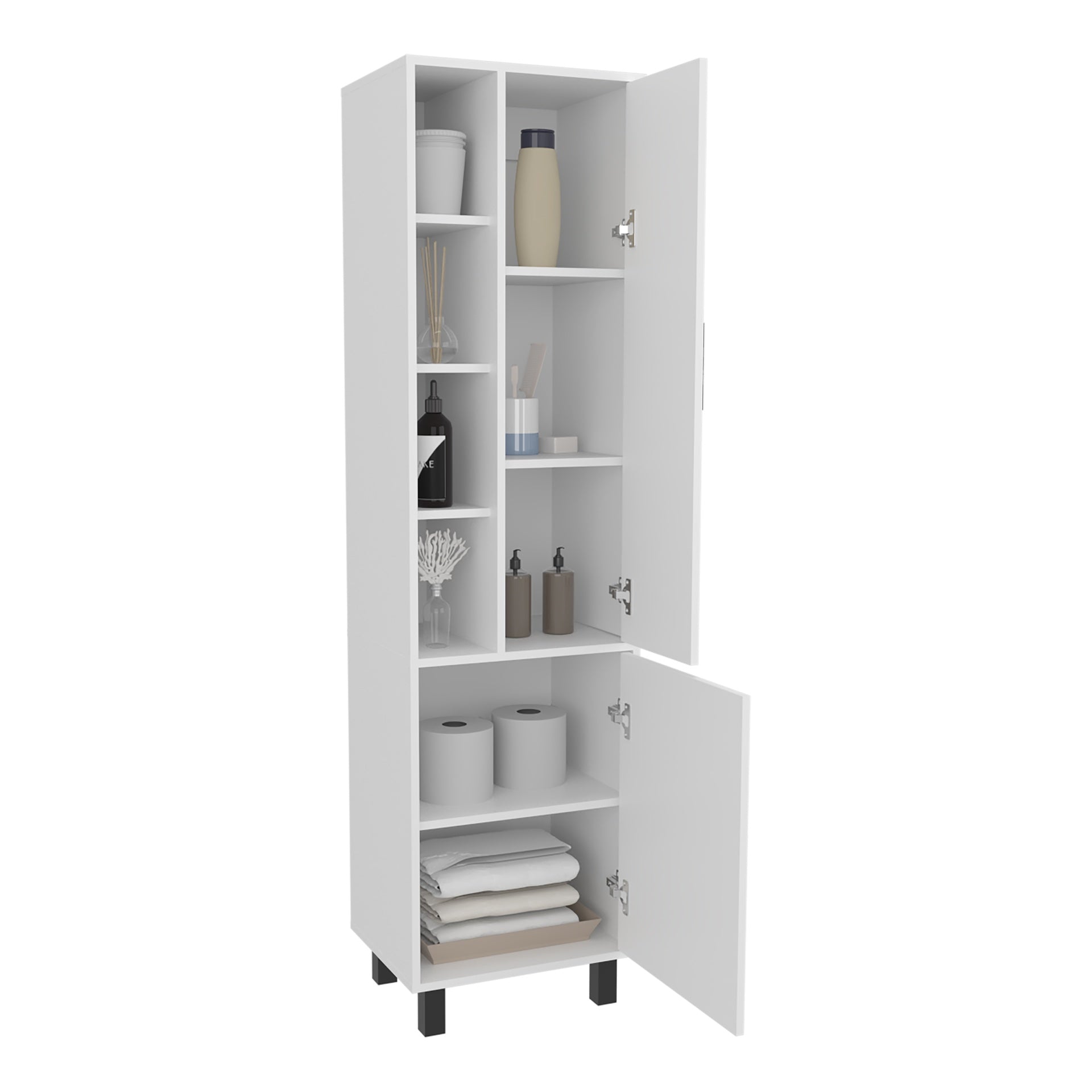 FM FURNITURE Pinal Linen Cabinet with Open Storage and 2 Doors, White