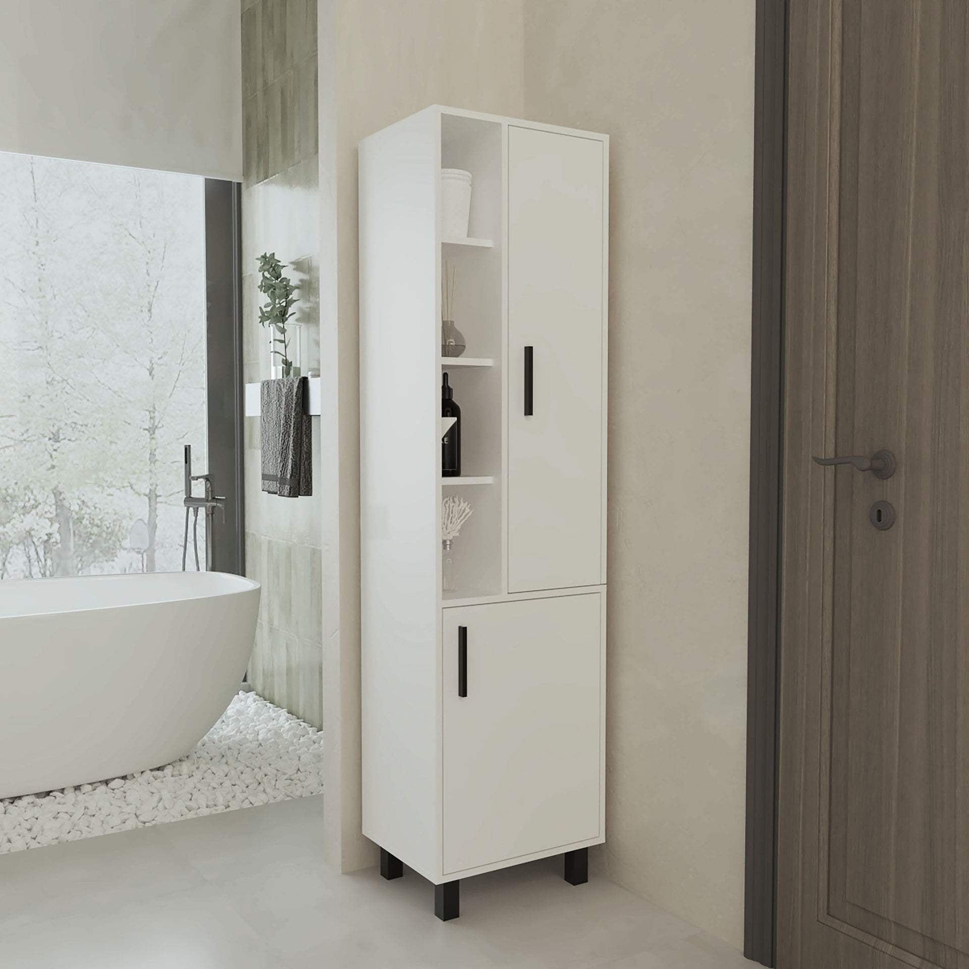 FM FURNITURE Pinal Linen Cabinet with Open Storage and 2 Doors, White
