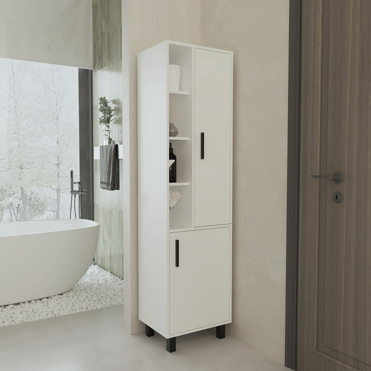 FM FURNITURE Pinal Linen Cabinet with Open Storage and 2 Doors, White