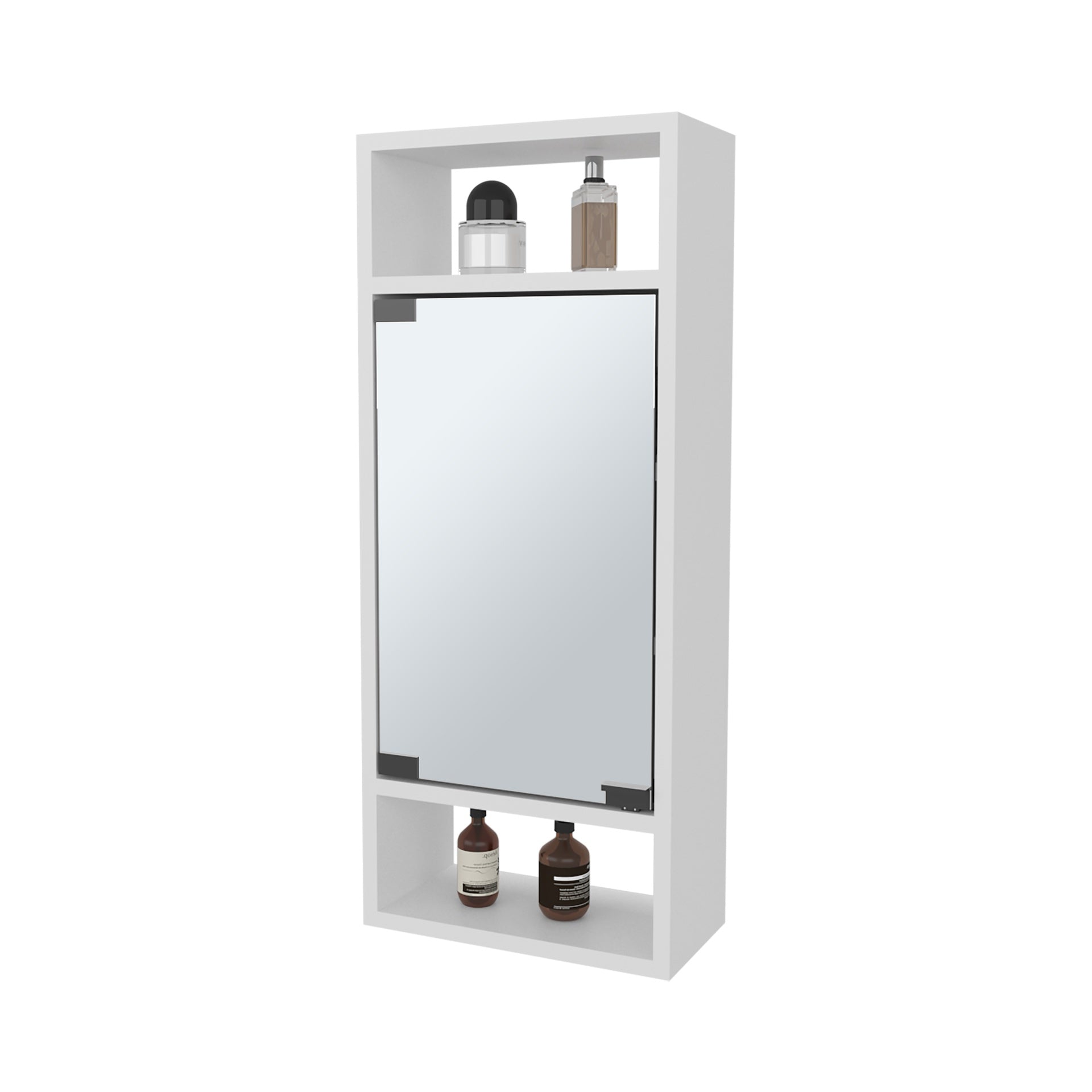 FM FURNITURE Pine Like Medicine Cabinet with Mirrored Door and Open Storage, White