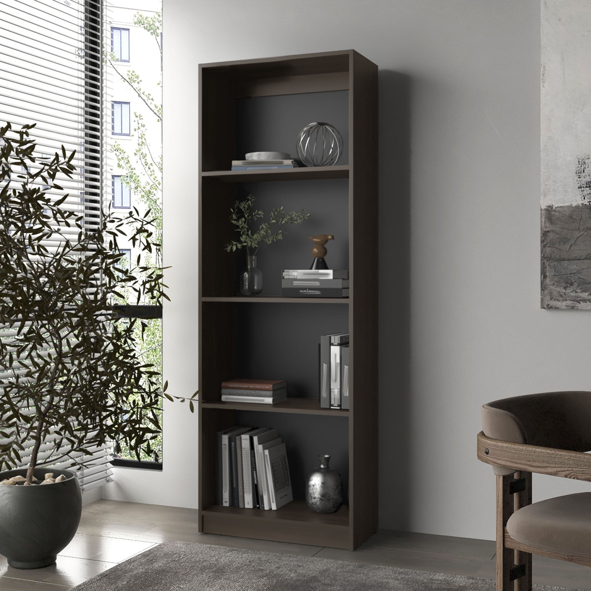 FM FURNITURE Bear Flat Bookcase with Open Storage and 4 Shelves ,Stained Walnut