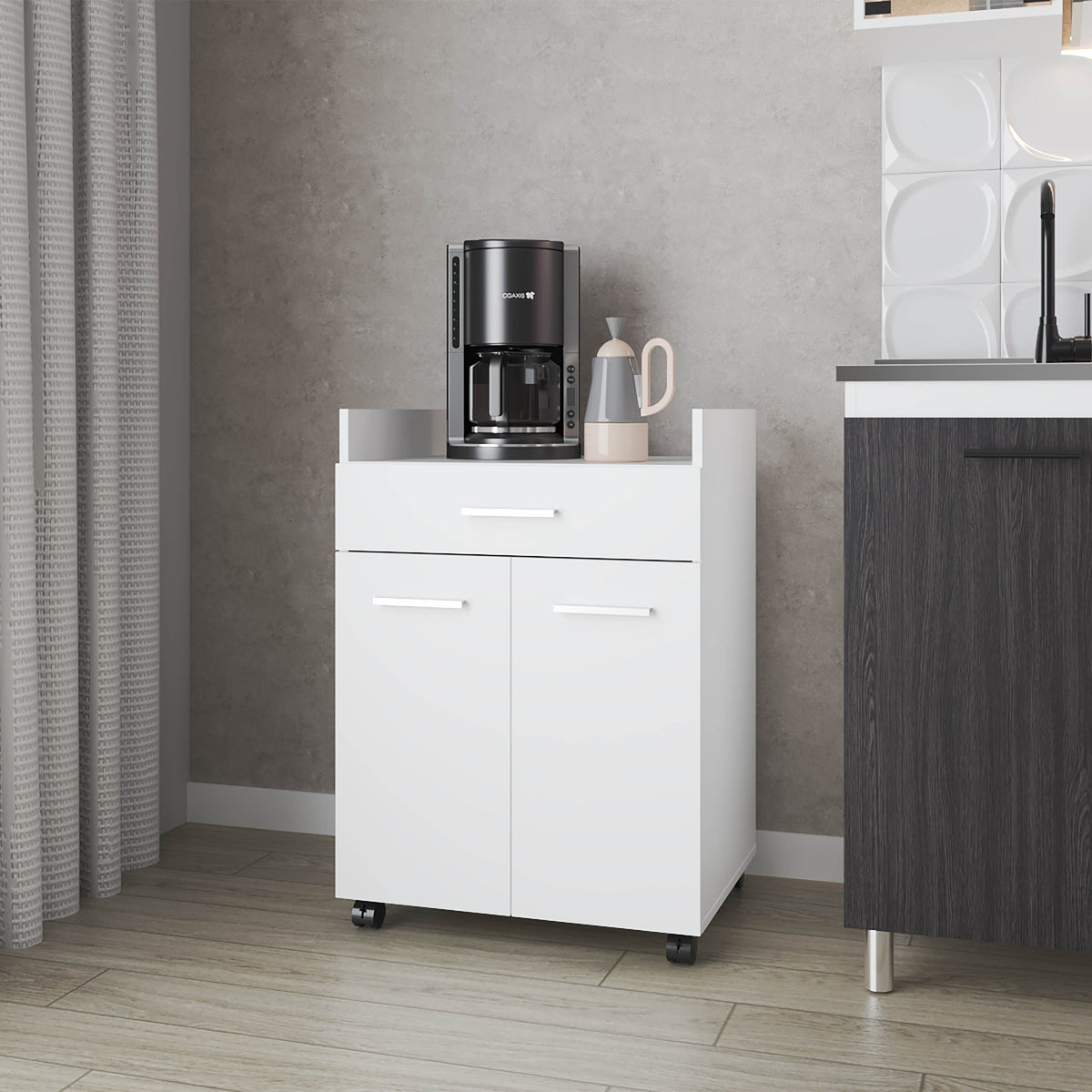 FM FURNITURE Burnside Kitchen Cart with 2 Doors and 1 Drawer, White