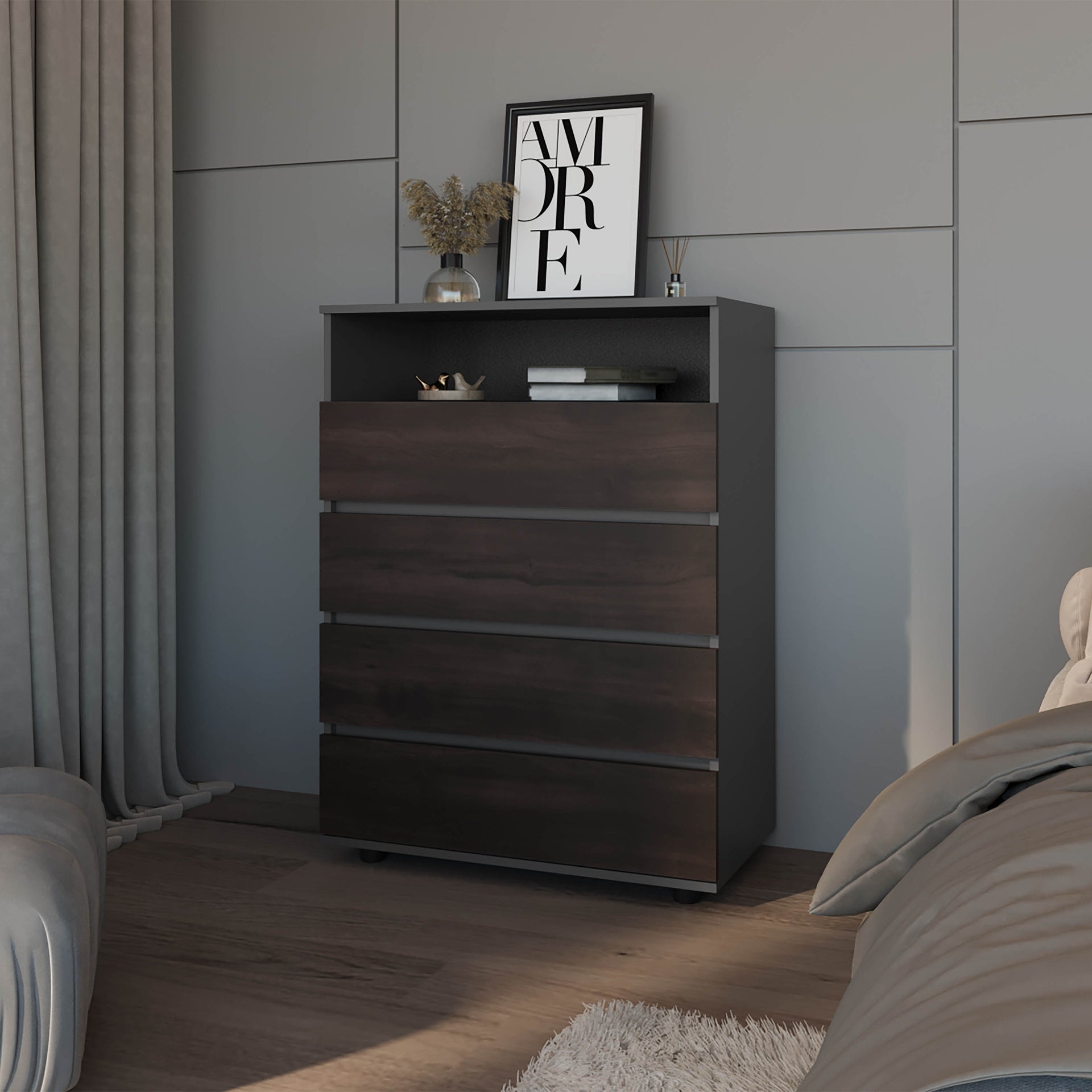 Tokio 4 Drawer Dresser with Open Shelf, Stained Walnut