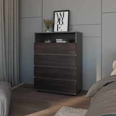 Tokio 4 Drawer Dresser with Open Shelf, Stained Walnut