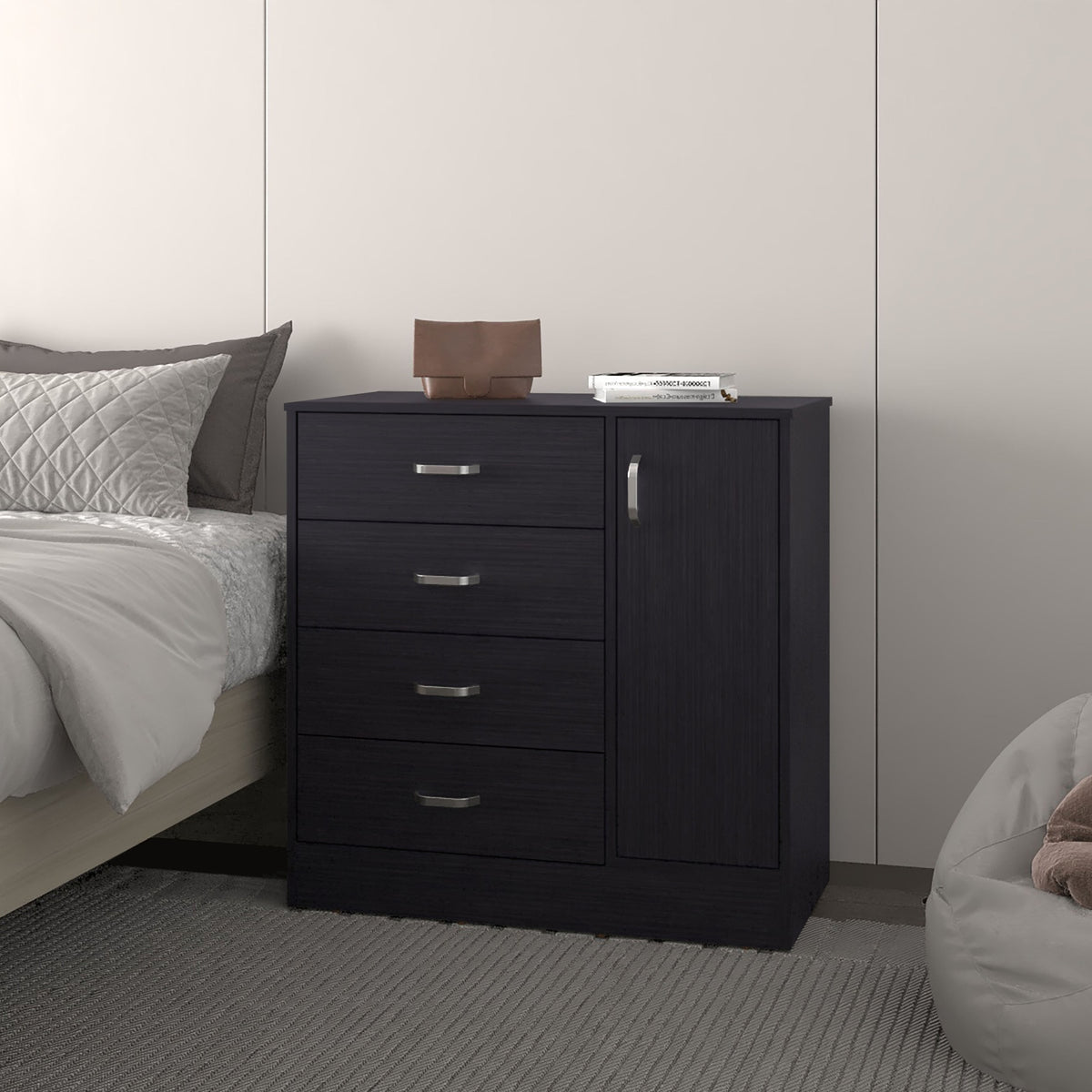 FM FURNITURE Turkey 4-Drawer Dresser with Side Cabinet, Freestanding Storage Organizer with Interior Shelf 鈥 Ideal for Bedroom, Wenge