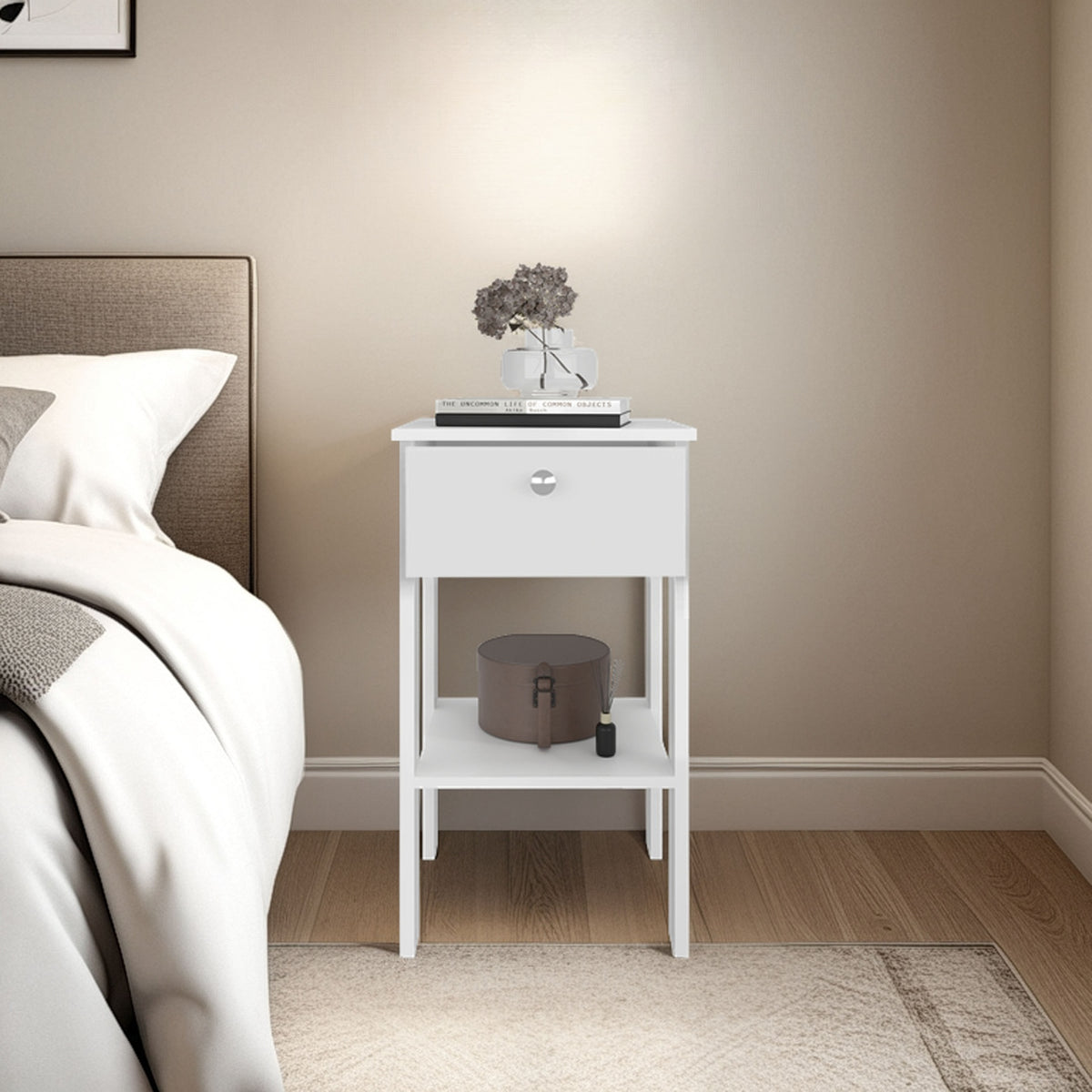 Shongopovi One Drawer Nightstand with Open Shelf, Compact Design, Modern Style, Bedroom Use, White