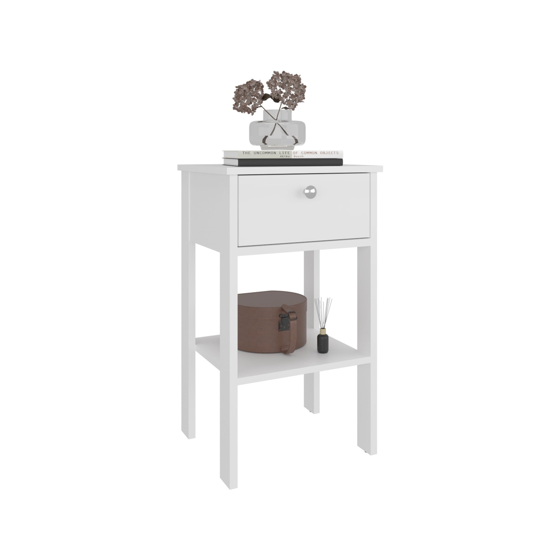 Shongopovi One Drawer Nightstand with Open Shelf, Compact Design, Modern Style, Bedroom Use, White