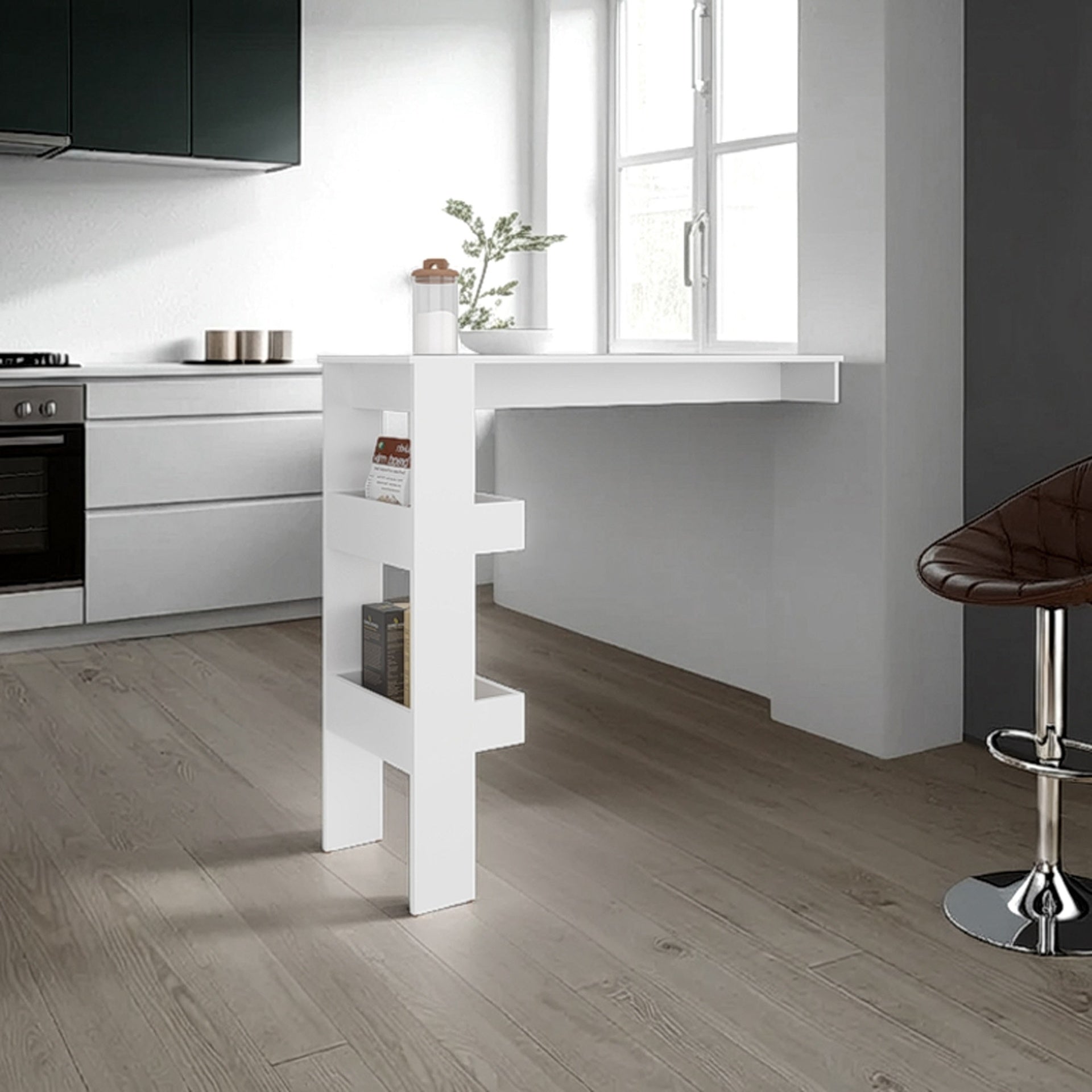Drysdale Bar Table, Three Open Side Shelves, Modern Design for Kitchen or Dining Area, White