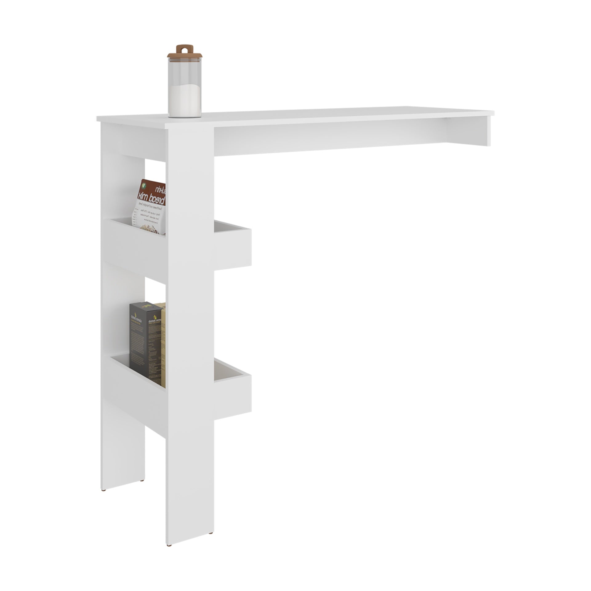 Drysdale Bar Table, Three Open Side Shelves, Modern Design for Kitchen or Dining Area, White