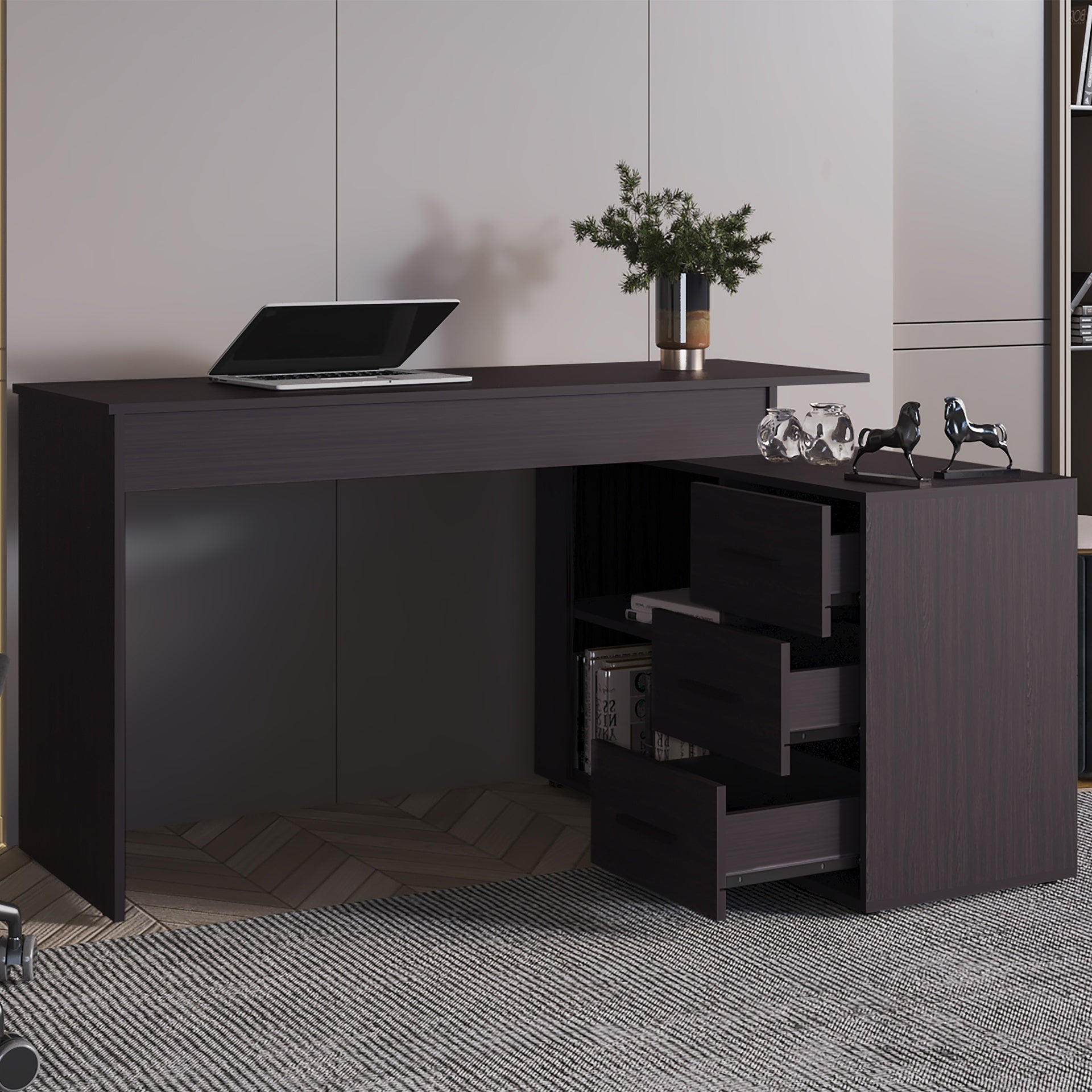 Cornville L-Shaped Desk with 3 Drawers and Storage Space,Wenge
