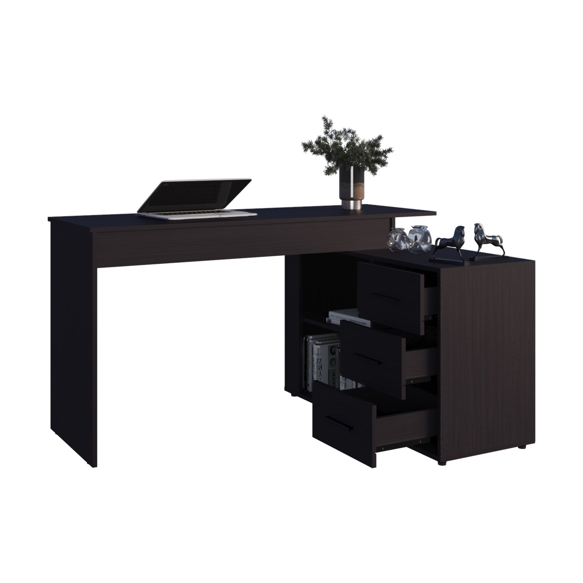 Cornville L-Shaped Desk with 3 Drawers and Storage Space,Wenge