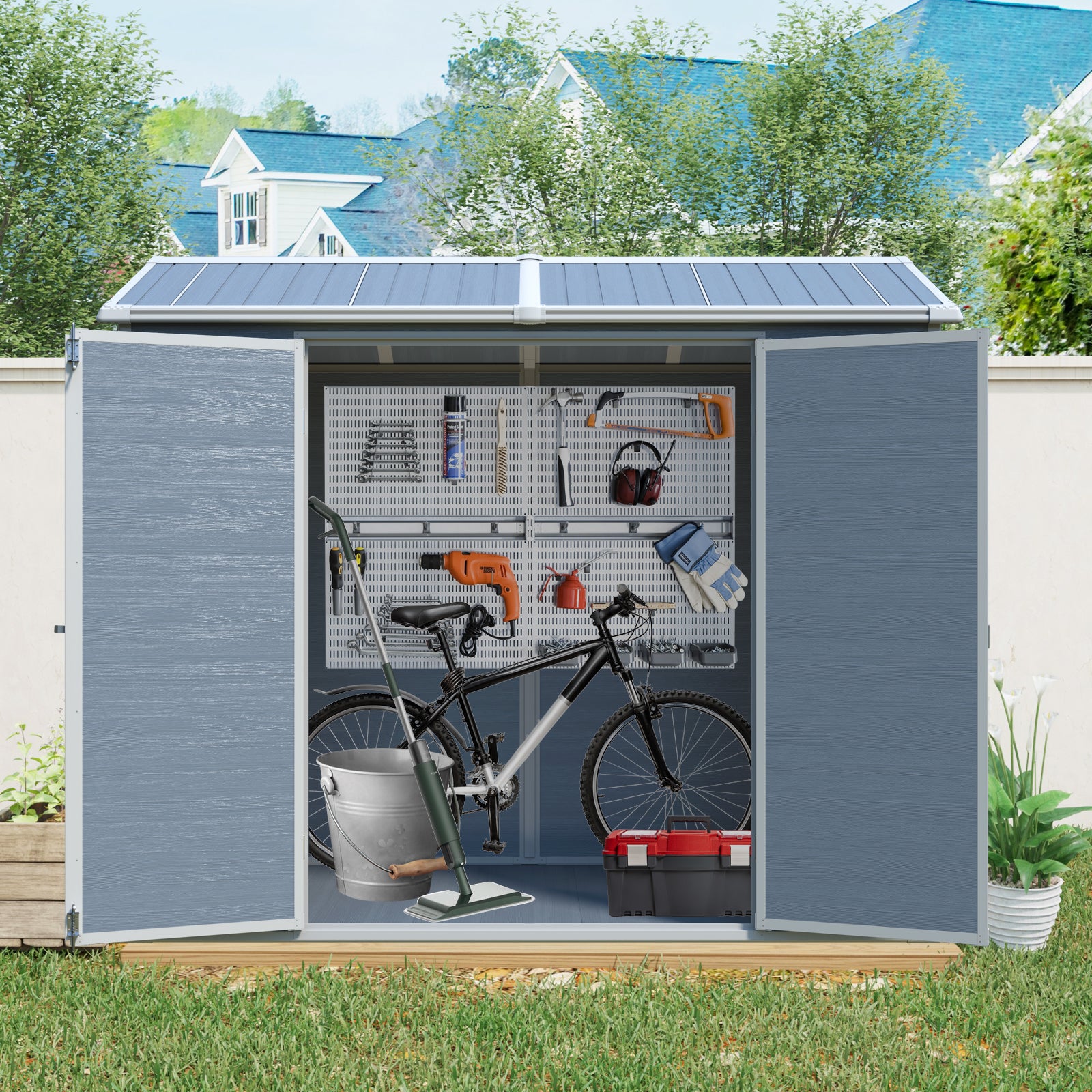 8 ft x 4 ft Outdoor Storage Shed with Two-Window and Double-Door, Plastic Shed with Floor for Gargen,Patio,Yard,Lawn,gray (W540S00045)