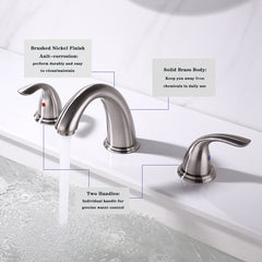 Brushed Nickel Widespread Bathroom Faucet, Waterfall Bathroom Faucets for Sink 3 Hole, 2-Handles Modern Vanity Faucet with Pop Up Drain Assembly and Lead-Free Supply Hose,8-Inch