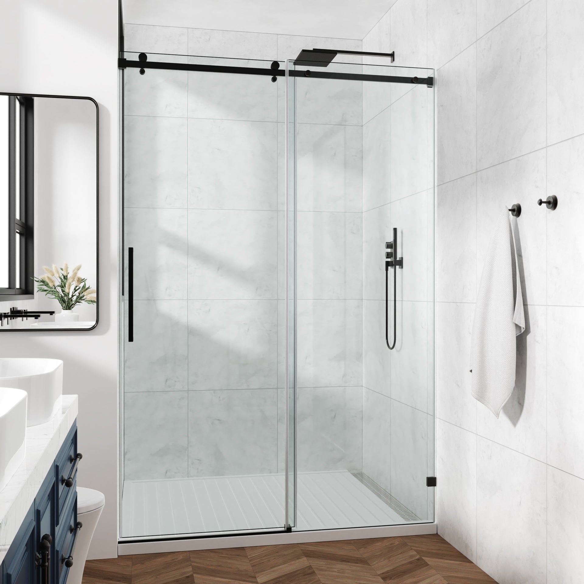 60*76"Fixed & Sliding Shower Door, Square Tube Hardware, Clear Glass Shower Door, 3/8″ (10mm) SGCC Tempered Glass, Stainless Steel
