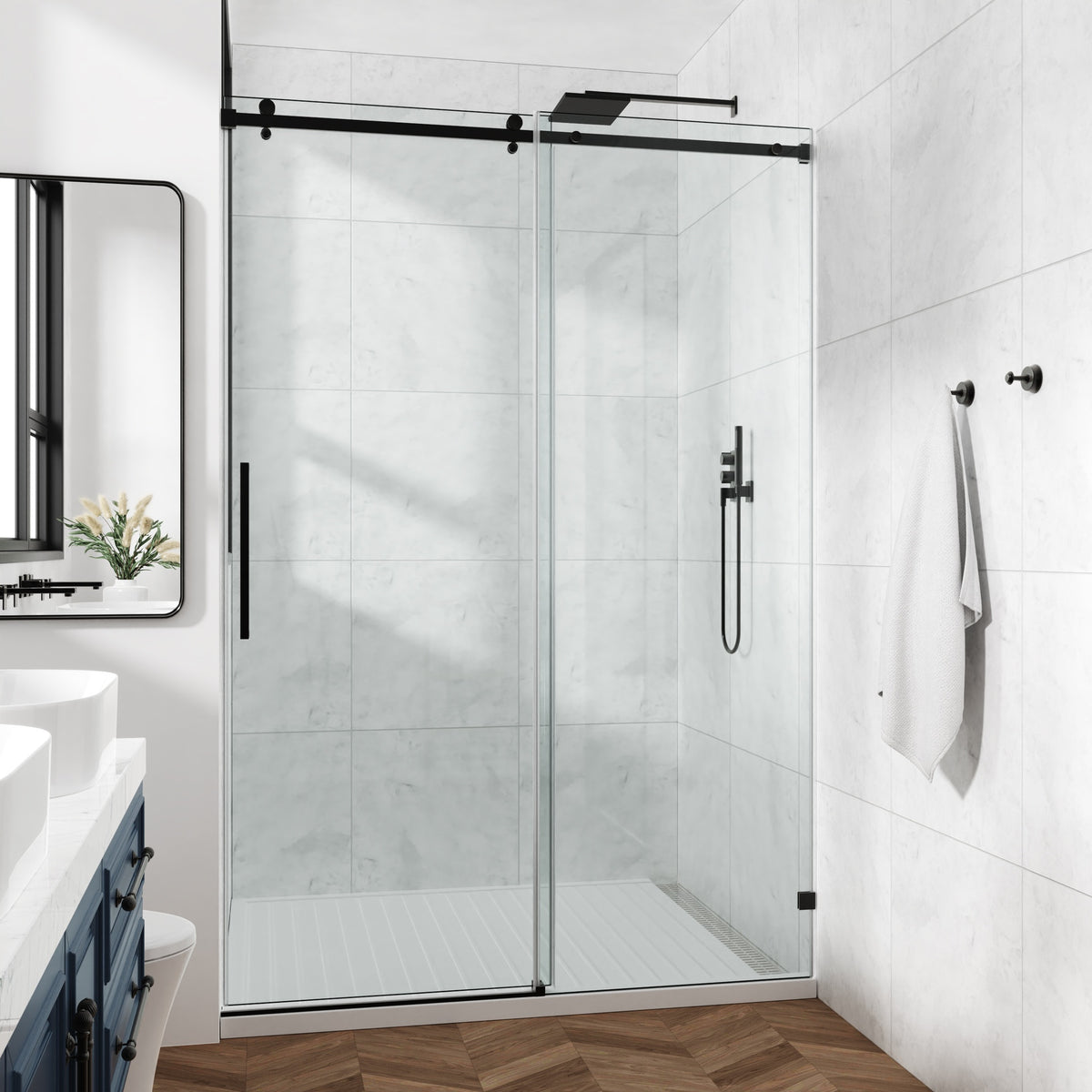 60*76"Fixed & Sliding Shower Door, Square Tube Hardware, Clear Glass Shower Door, 3/8″ (10mm) SGCC Tempered Glass, Stainless Steel