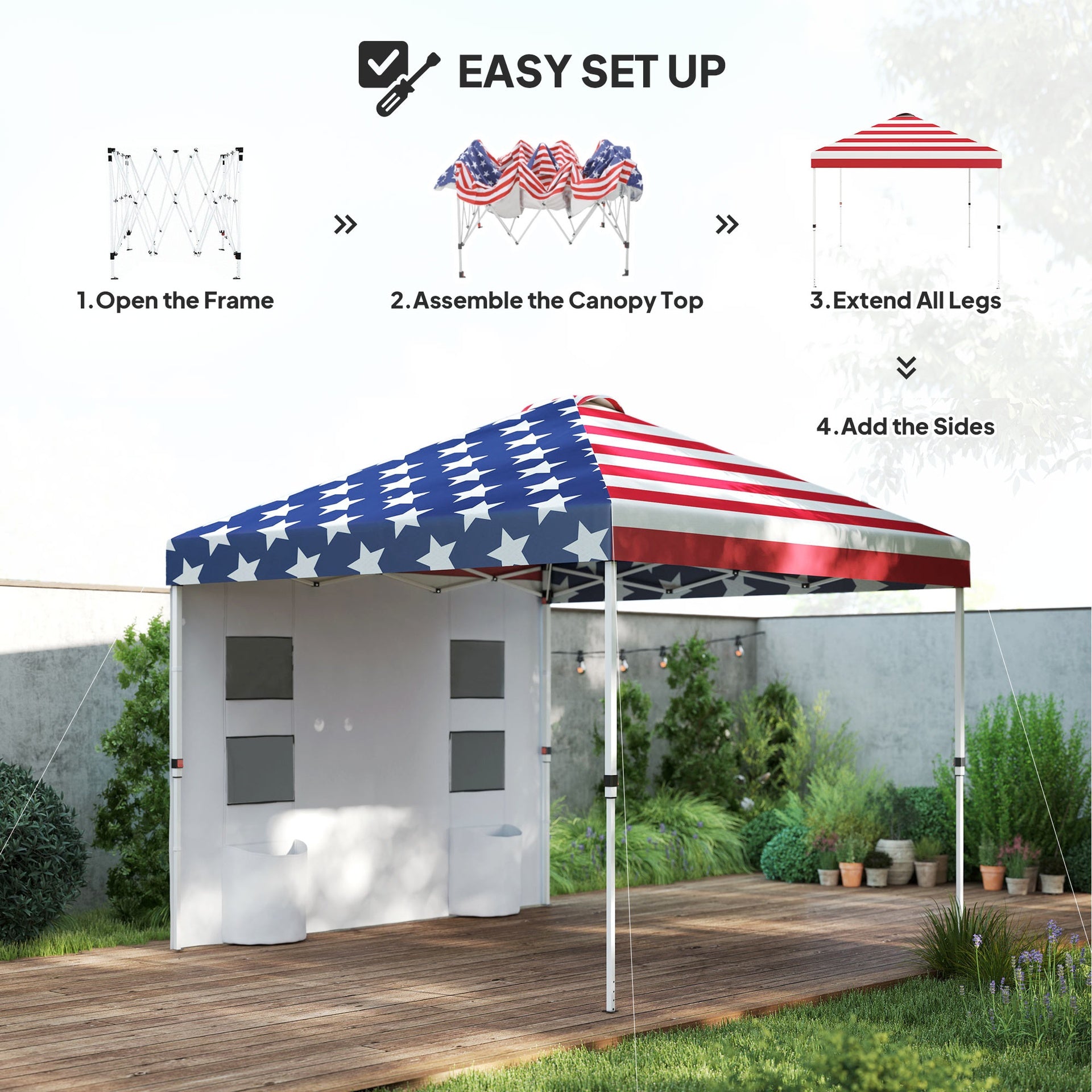 10x 10 ft party tent w/ Sidewall with  Height Adjustable Instant Sun Shelter w/ Storage Pockets, American Flag Print