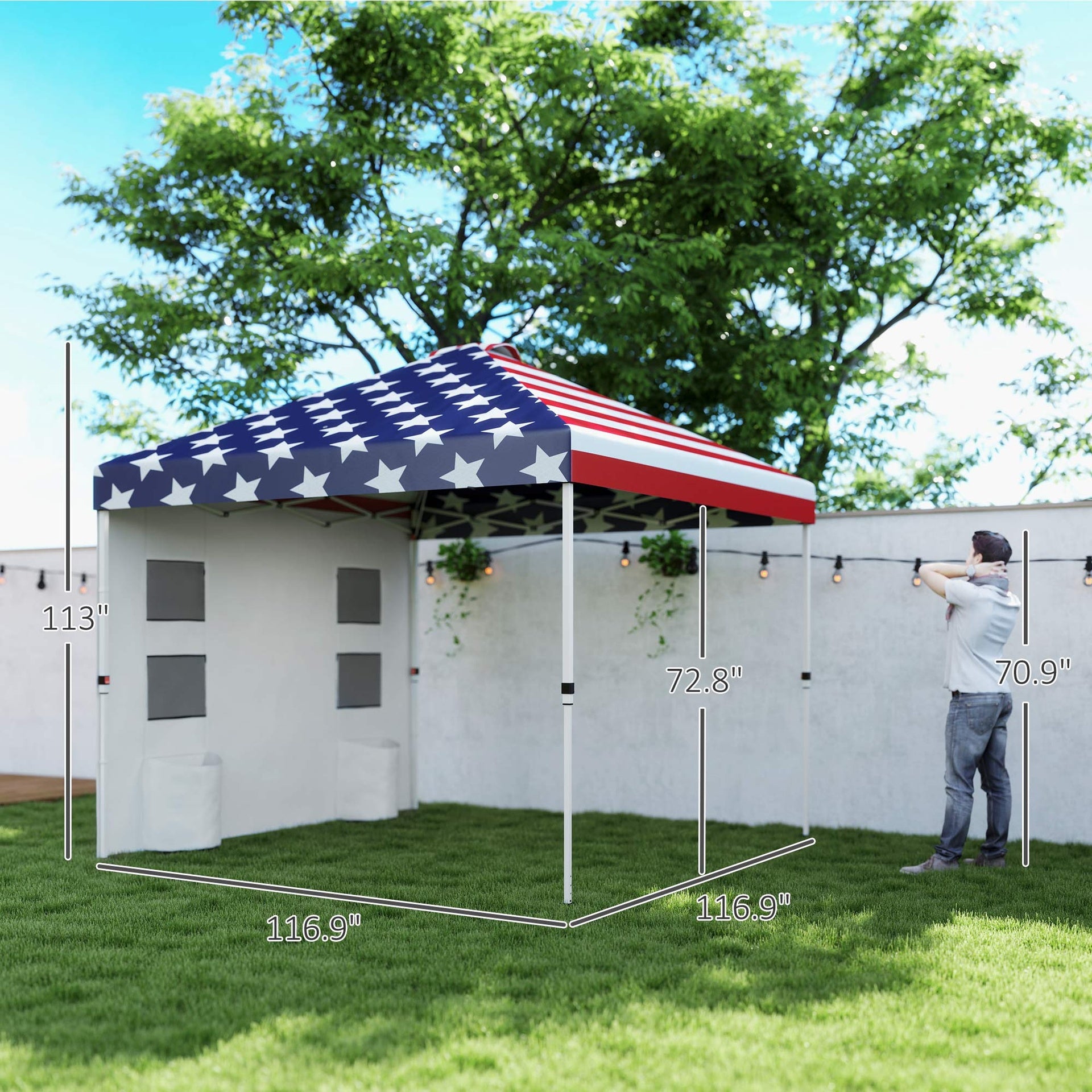 10x 10 ft party tent w/ Sidewall with  Height Adjustable Instant Sun Shelter w/ Storage Pockets, American Flag Print