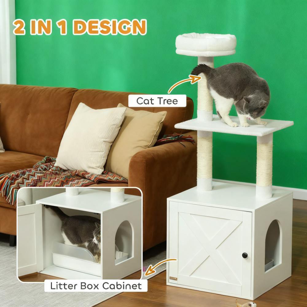 White  Cat Tree with Litter Box Enclosure