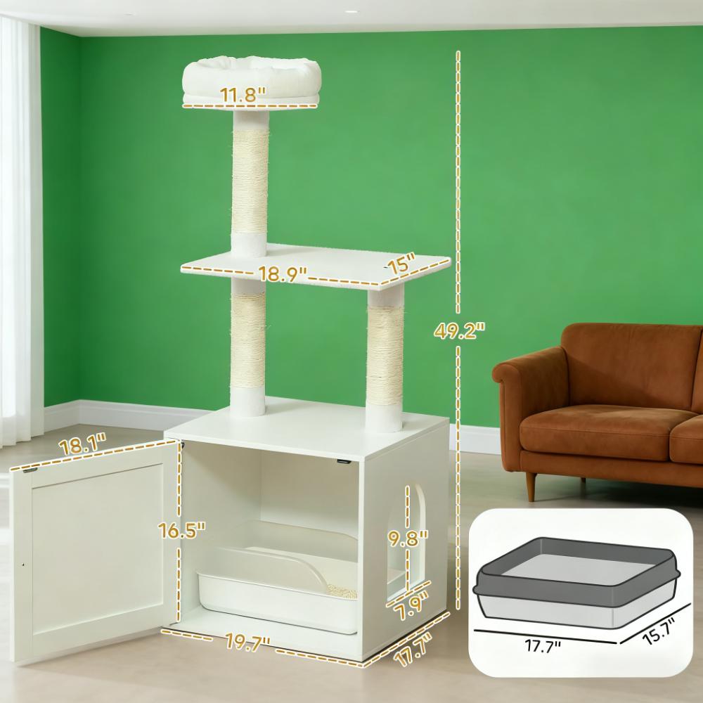 White  Cat Tree with Litter Box Enclosure