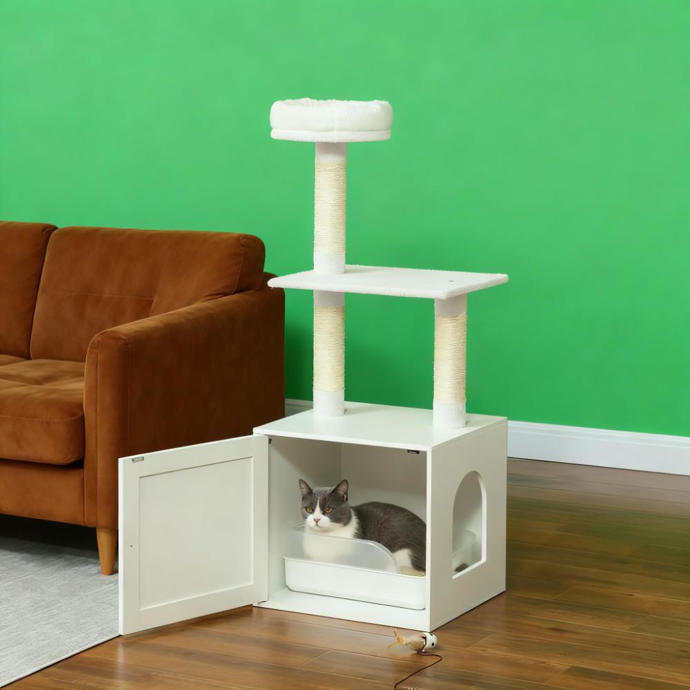 White  Cat Tree with Litter Box Enclosure