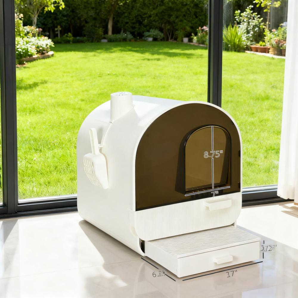 white  Cat Litter Box with Lid with Scoop and Filter