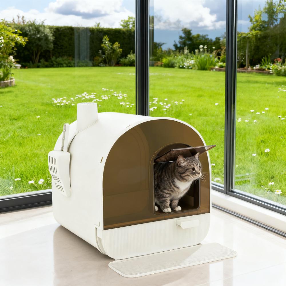 white  Cat Litter Box with Lid with Scoop and Filter