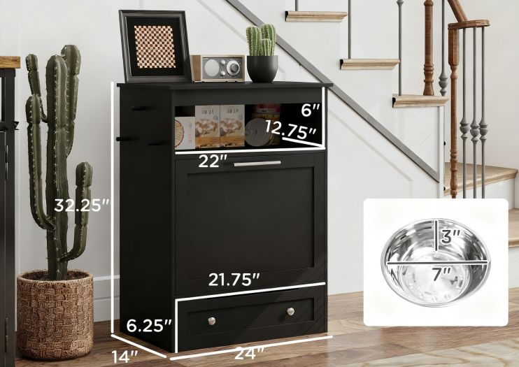 Pet Feeder Station Storage Cabinet, with Dog Raised Bowls, Black