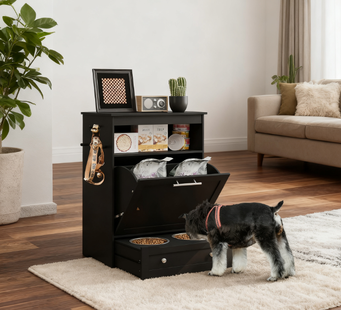 Pet Feeder Station Storage Cabinet, with Dog Raised Bowls, Black