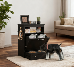 Pet Feeder Station Storage Cabinet, with Dog Raised Bowls, Black