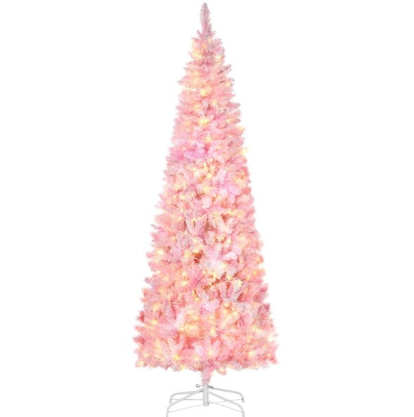 Pencil Shape with Christmas Tree,Snow Flocked Artificial Christmas Tree with Pine Realistic Branches,Warm White LED lights,Auto Open