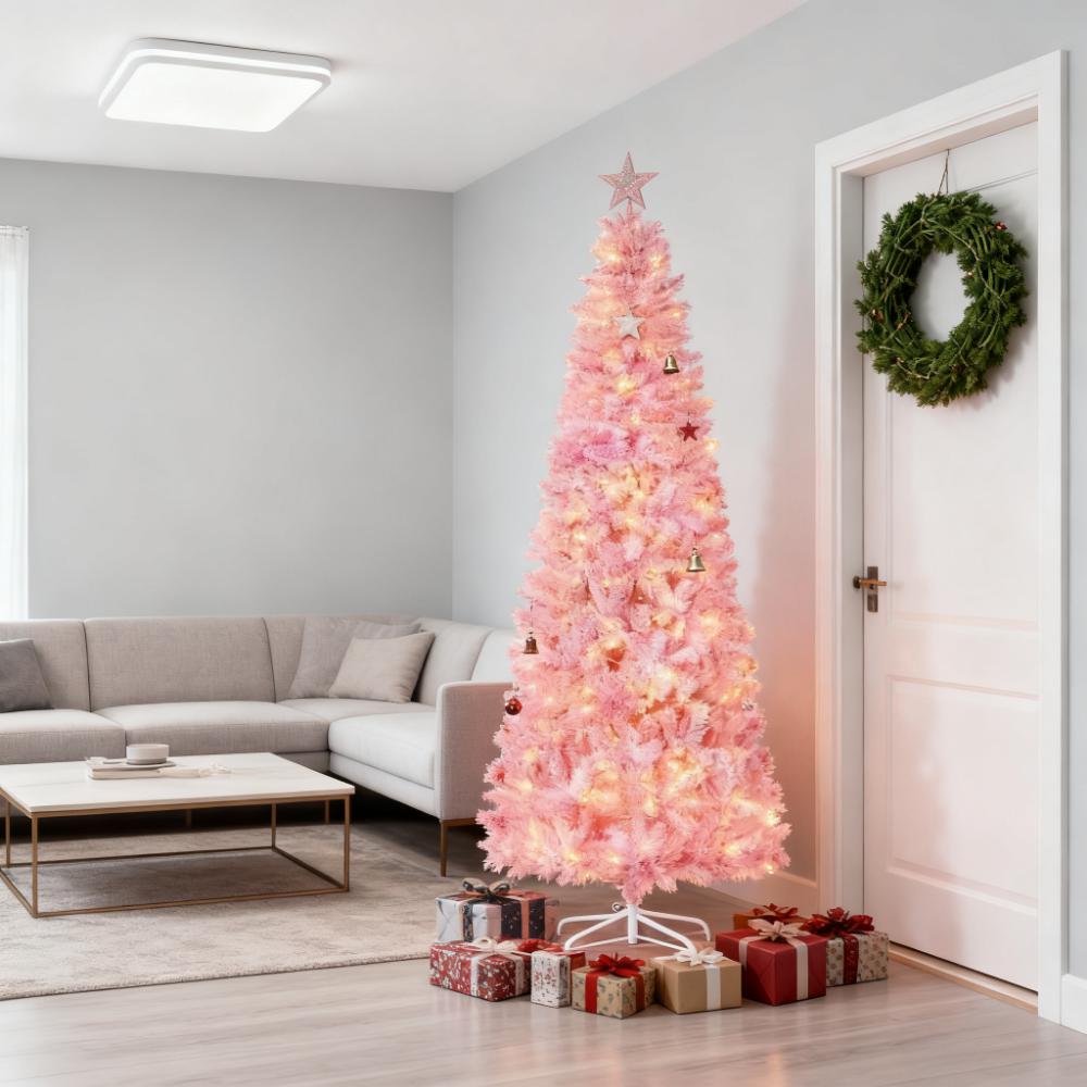 Pencil Shape with Christmas Tree,Snow Flocked Artificial Christmas Tree with Pine Realistic Branches,Warm White LED lights,Auto Open