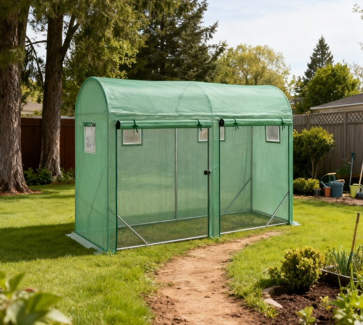 Greenhouse,Walk-in Lean-to Greenhouse,4 Zipper Roll-up Windows & 2 Doors, UV Protecting PE Cover
