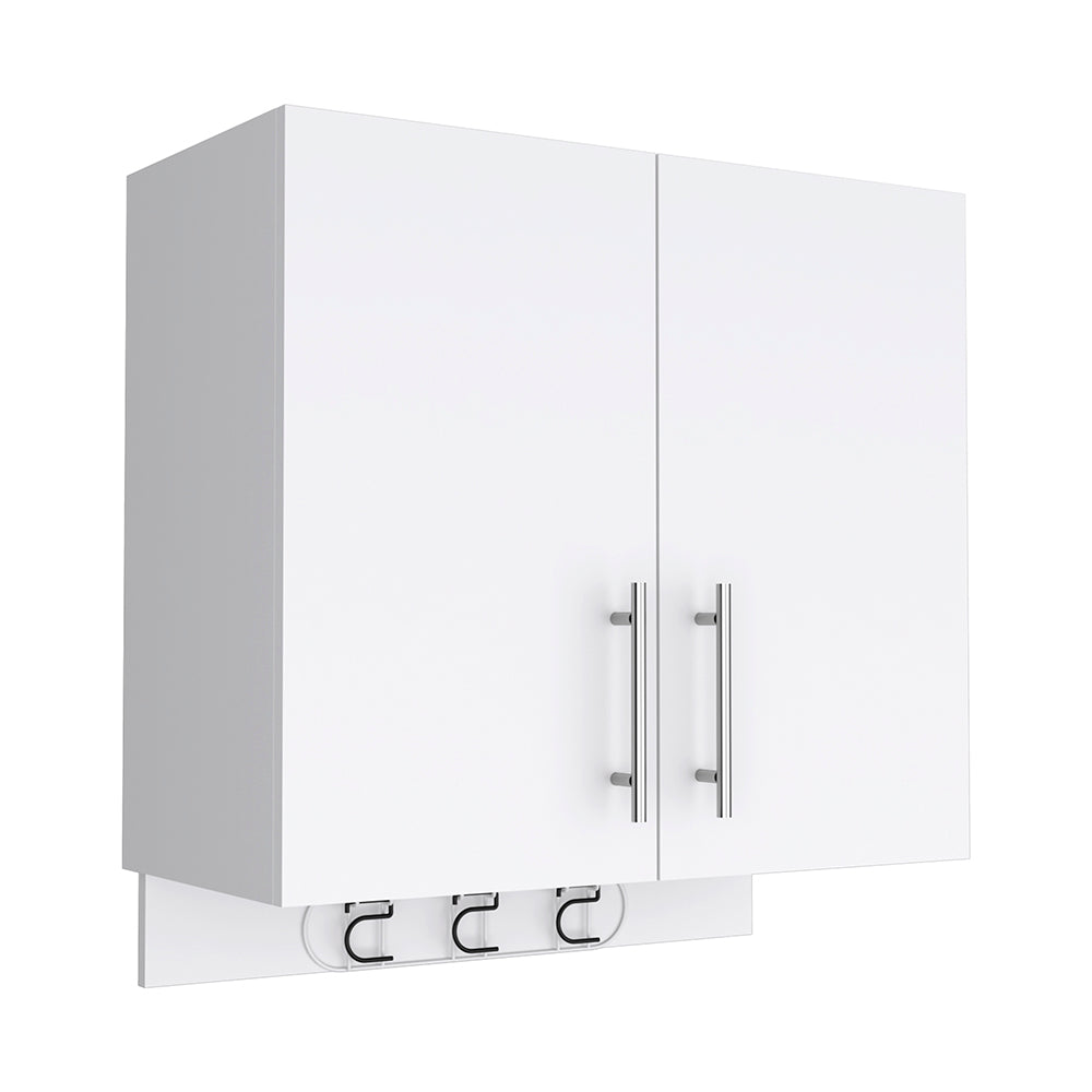 Wall cabinet 27" H, three broom hangers and metal handles, two internal shelves, two doors, white