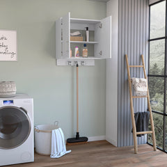 Wall cabinet 27" H, three broom hangers and metal handles, two internal shelves, two doors, white