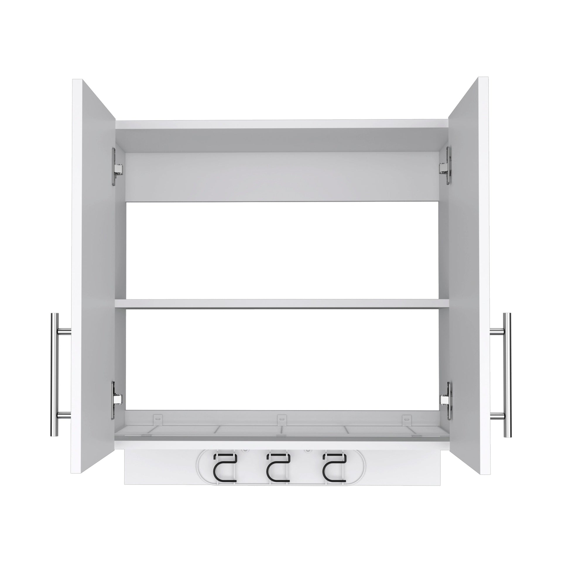 Wall cabinet 27" H, three broom hangers and metal handles, two internal shelves, two doors, white